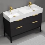 Nameeks DERIN350 48 Inch Double Bathroom Vanity With Sink - Modern, Matte Black, Free Standing, Gold Handles
